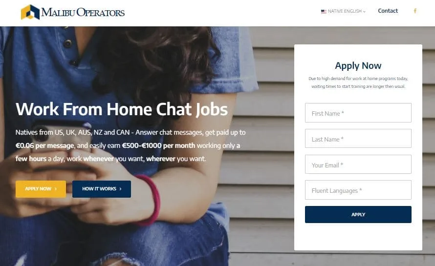 work from home chat operator with malibu operators